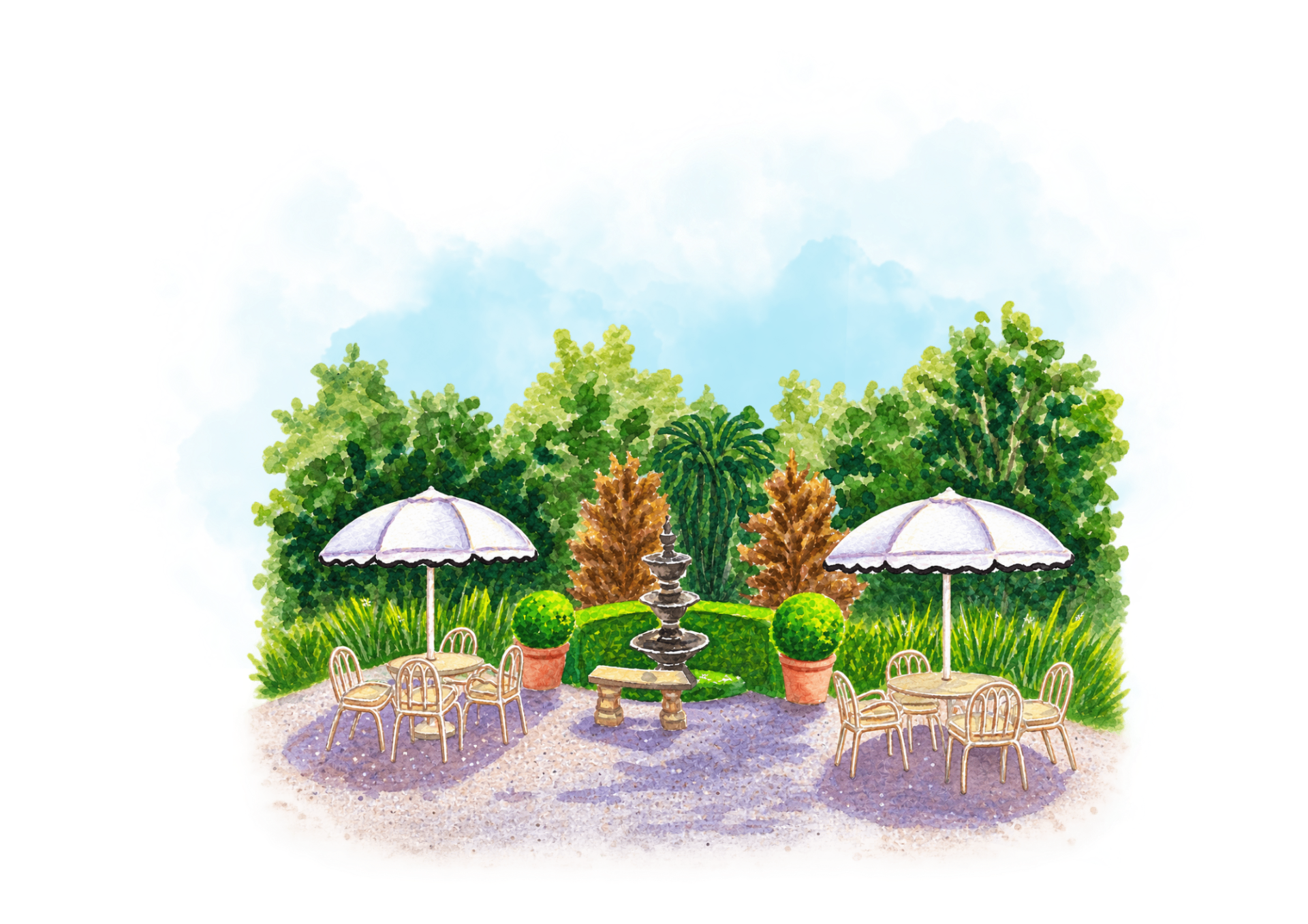 Watercolour of the fountain courtyard with white umbrellas and café tables