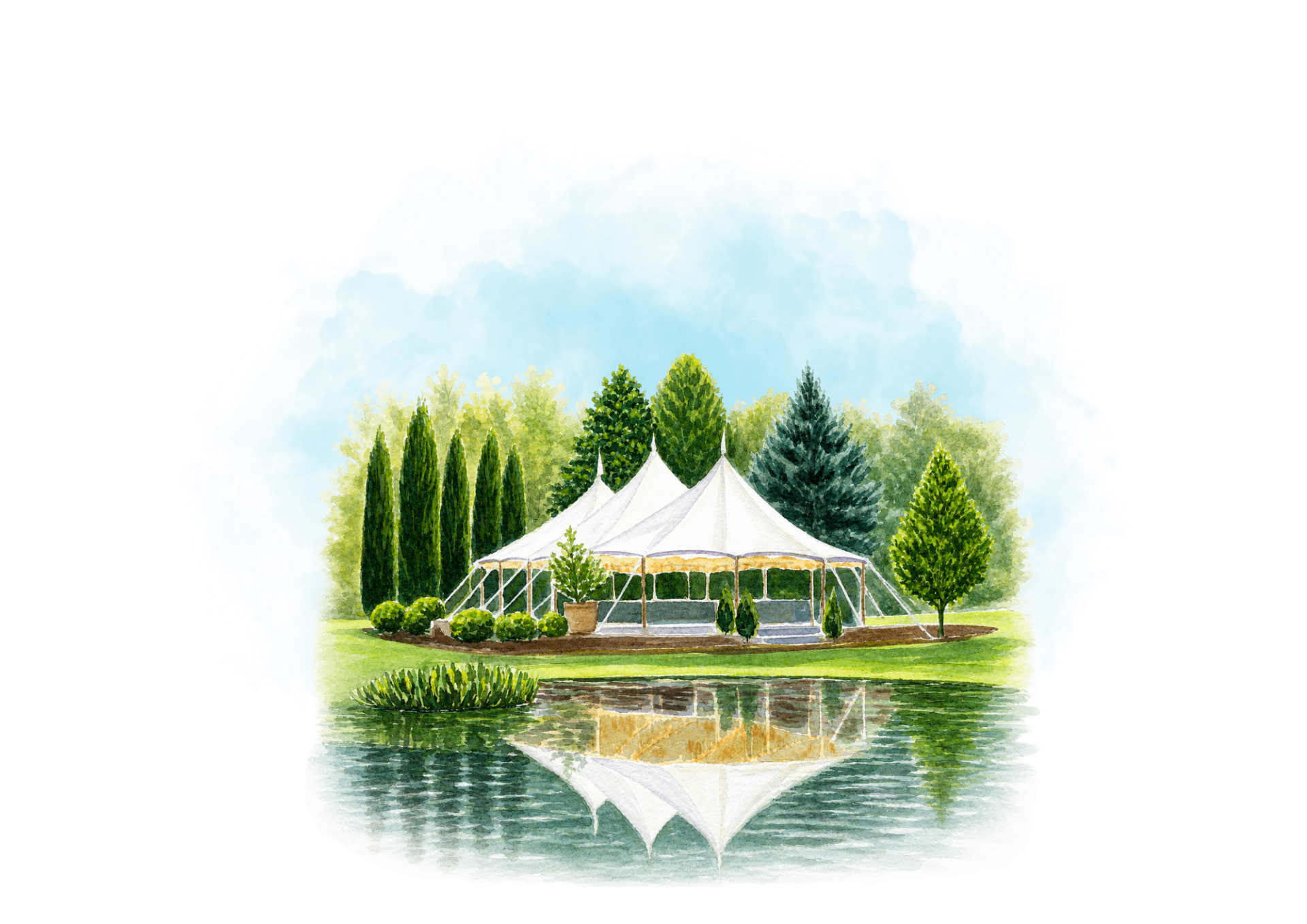 Watercolour of a sailcloth marquee reflected in the lake at Red Leaf