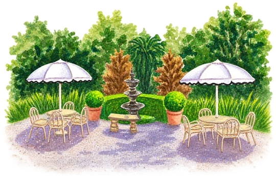Watercolour of the fountain courtyard with white umbrellas and café tables