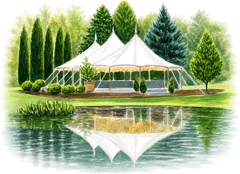 Watercolour of a sailcloth marquee reflected in the lake at Red Leaf